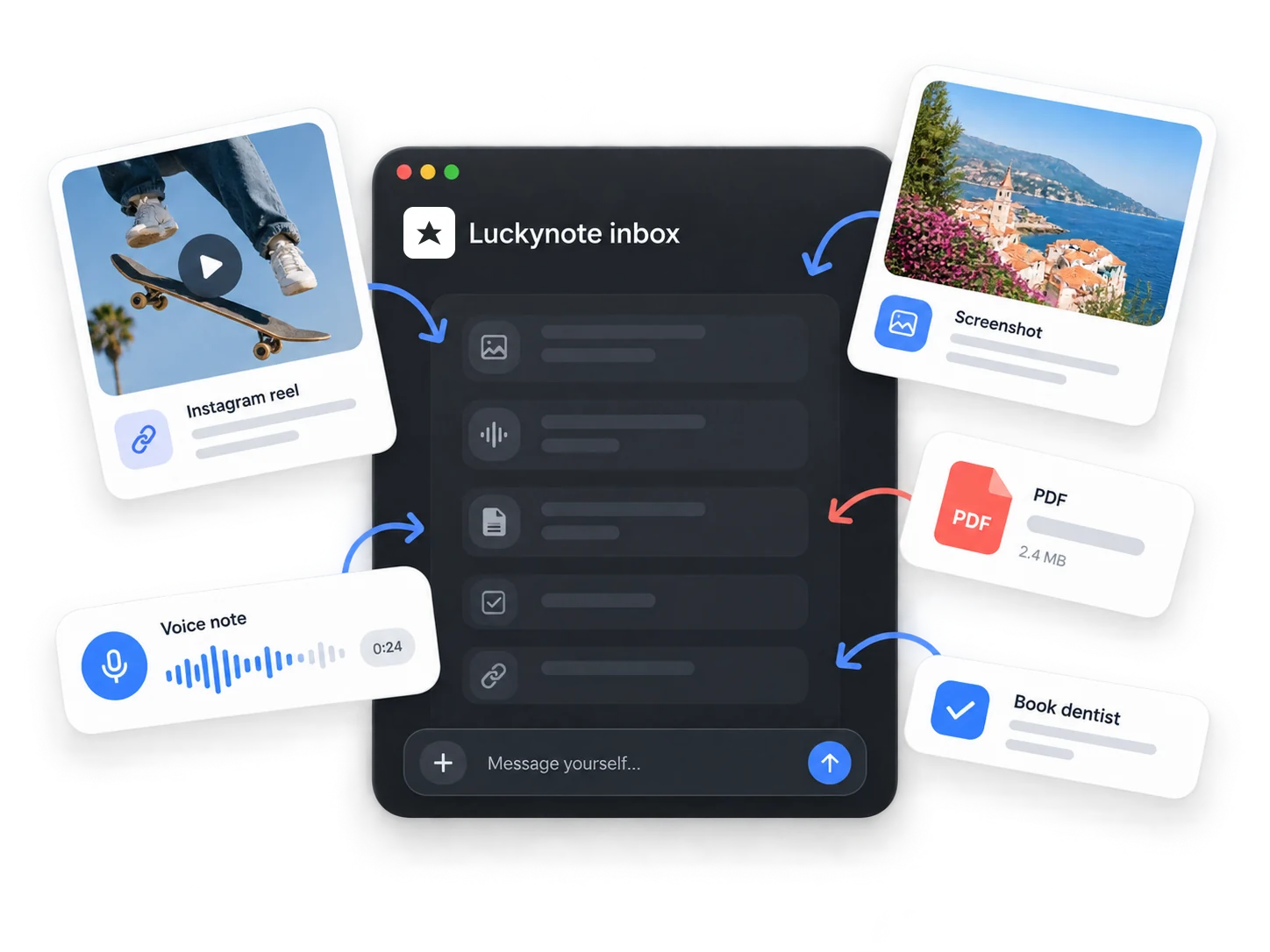 Luckynote inbox with links, voice notes, screenshots, files, and tasks