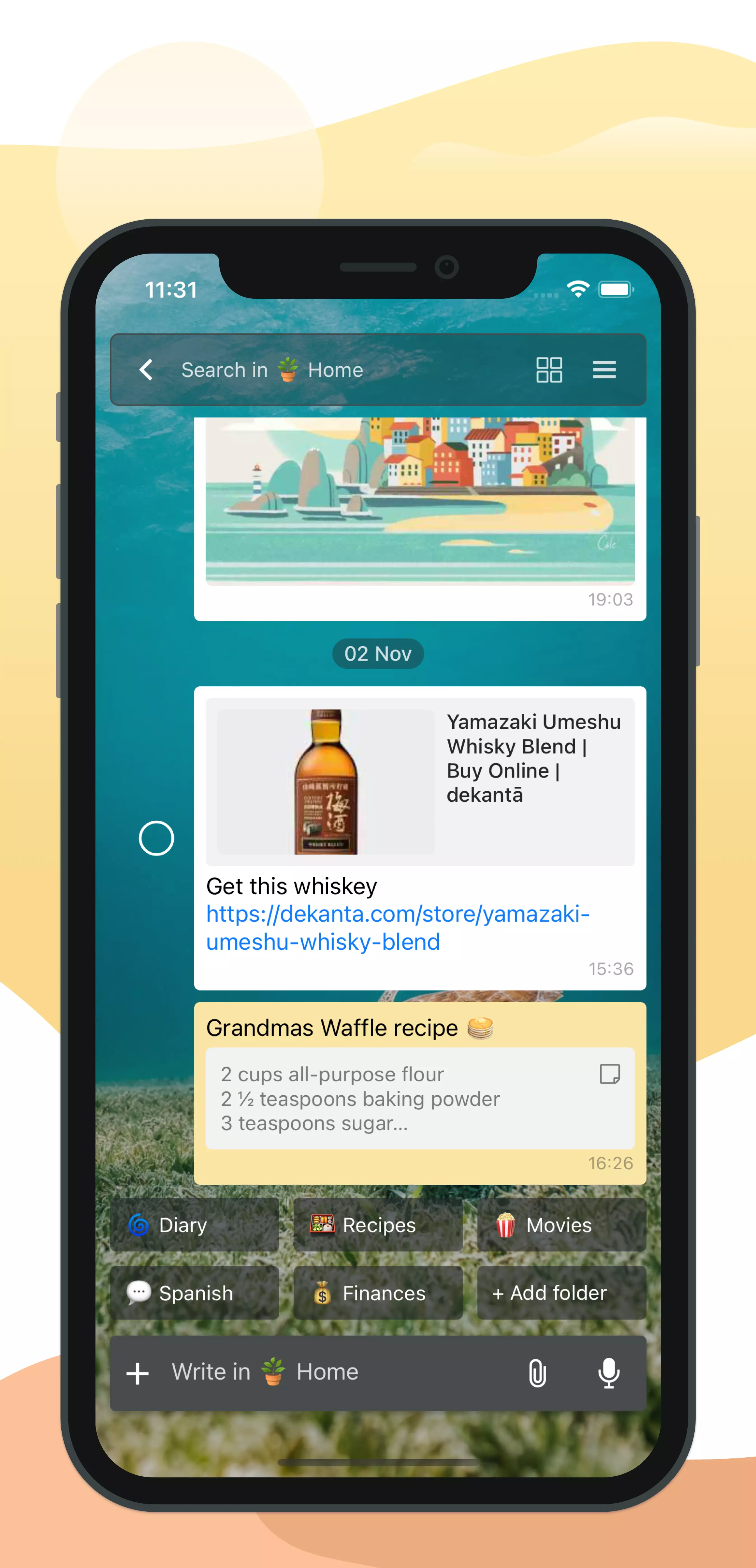 Luckynote app: chat with saved link, task checkbox, and search